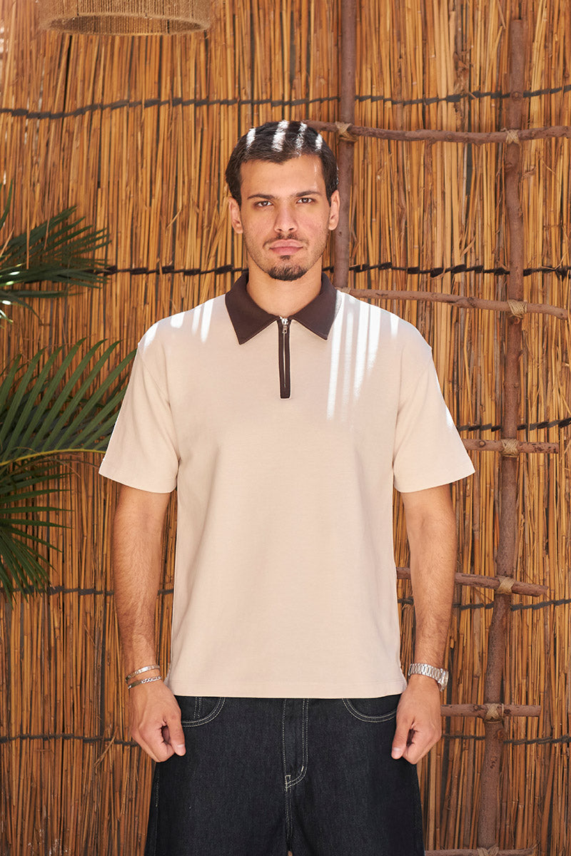 Heritage Zip Polo - Beige/Brown