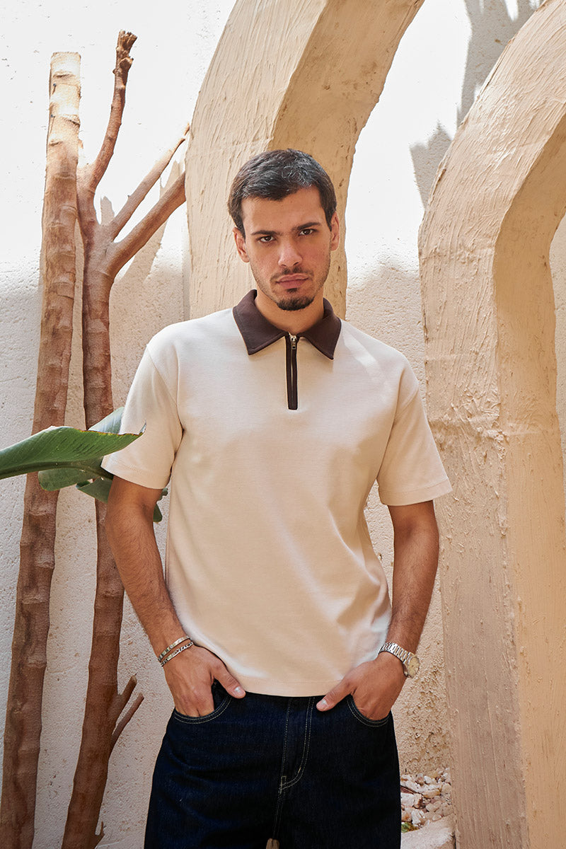 Heritage Zip Polo - Beige/Brown