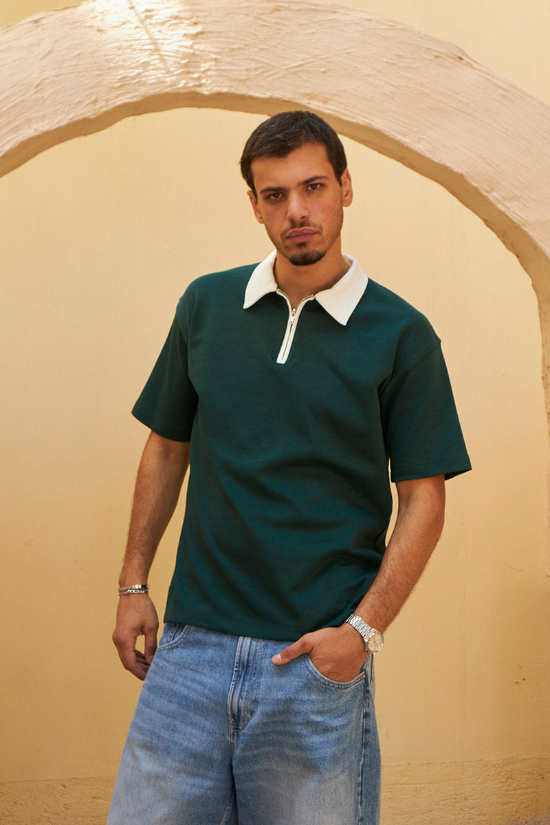 Heritage Zip Polo - Emerald Green/Ivory