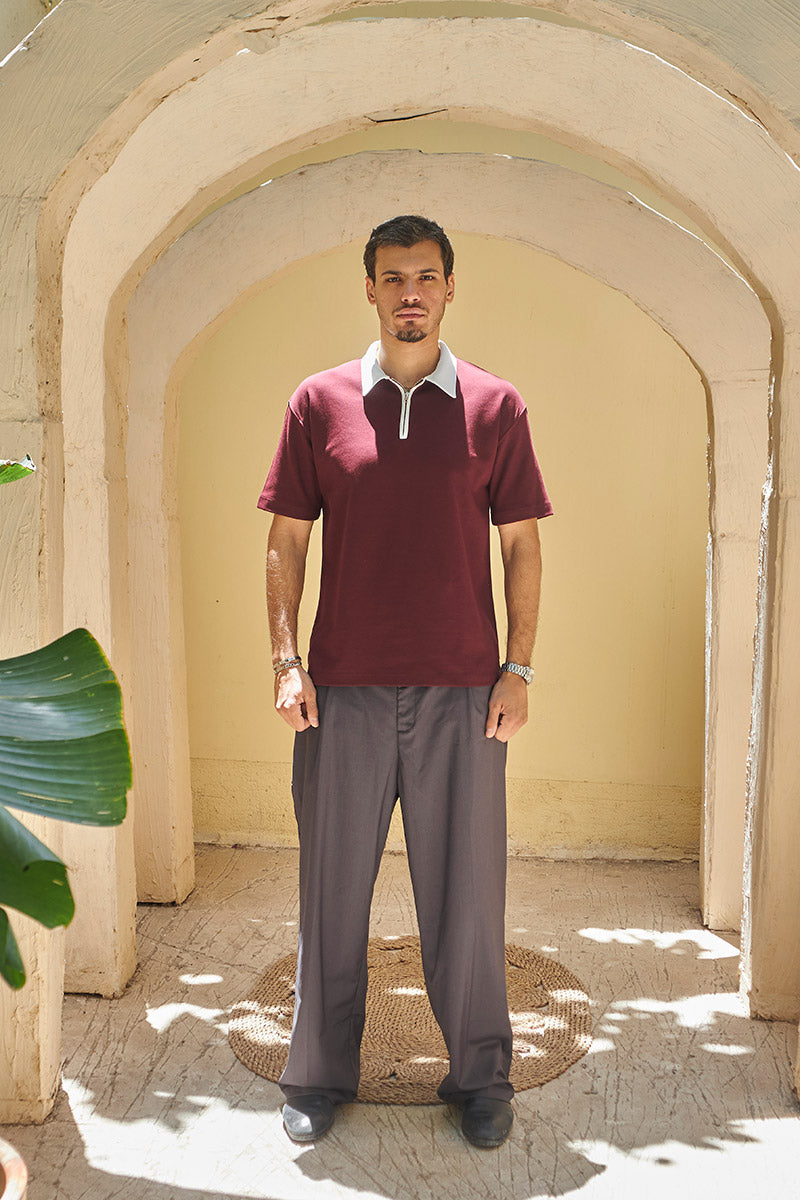 Heritage Zip Polo - Wine/Ivory