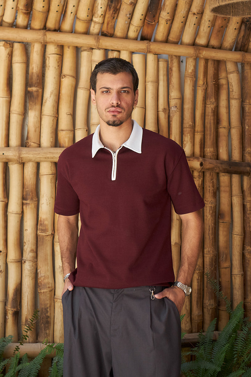 Heritage Zip Polo - Wine/Ivory