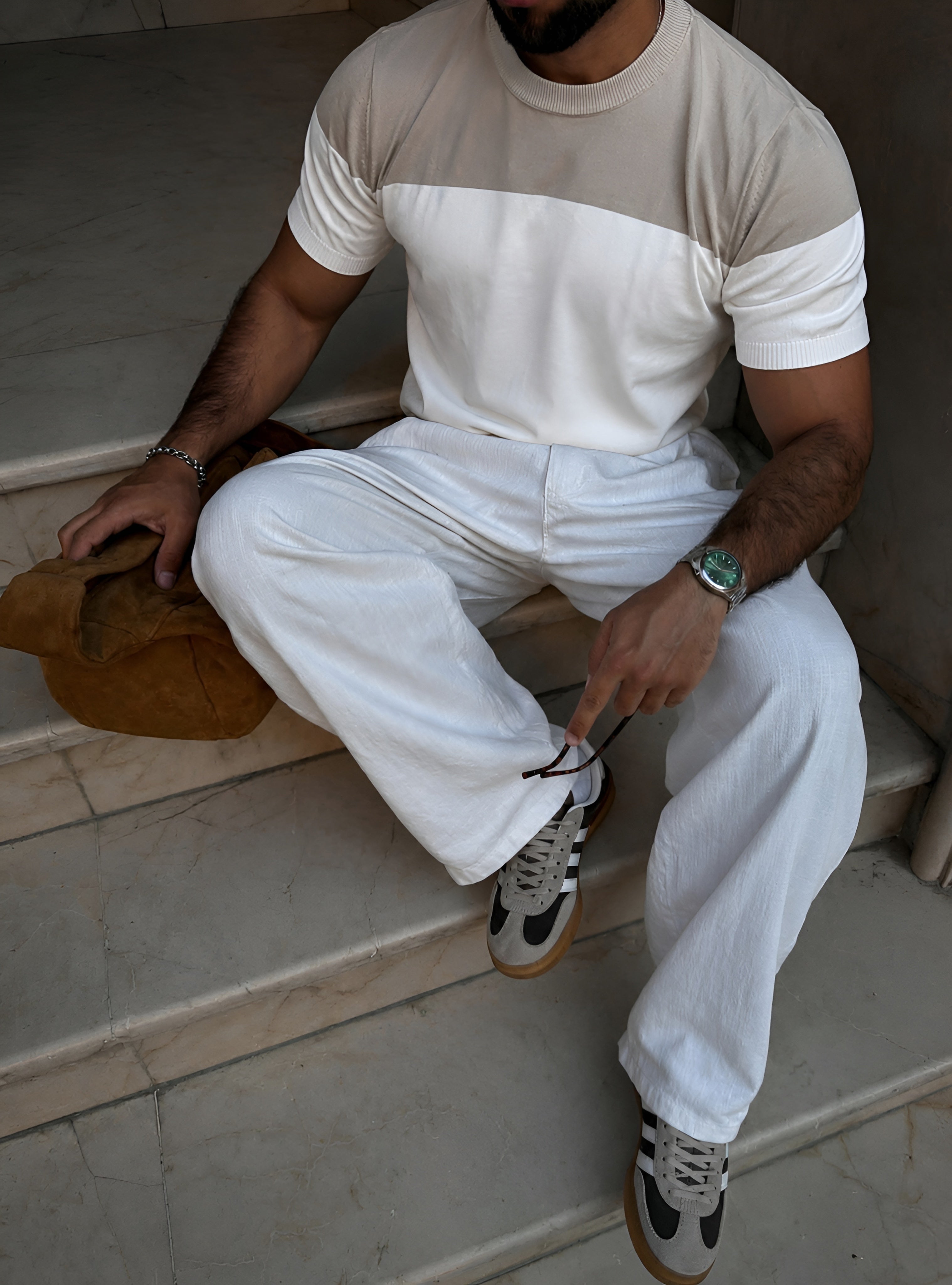 Retro Knit Tee - Beige & Ivory