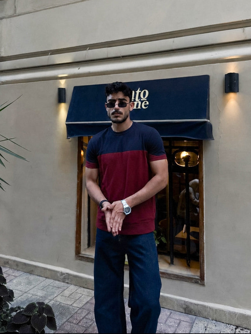Retro Knit Tee - Navy & Wine Red