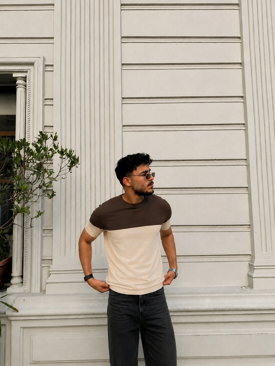 Retro Knit Tee - Walnut & Cream