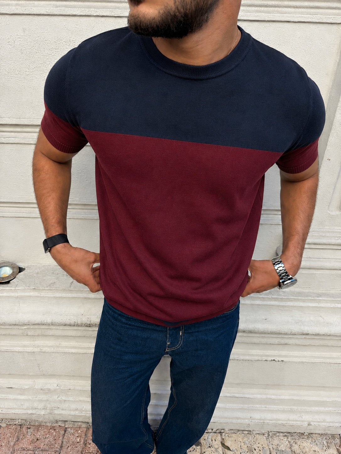 Retro Knit Tee - Navy & Wine Red