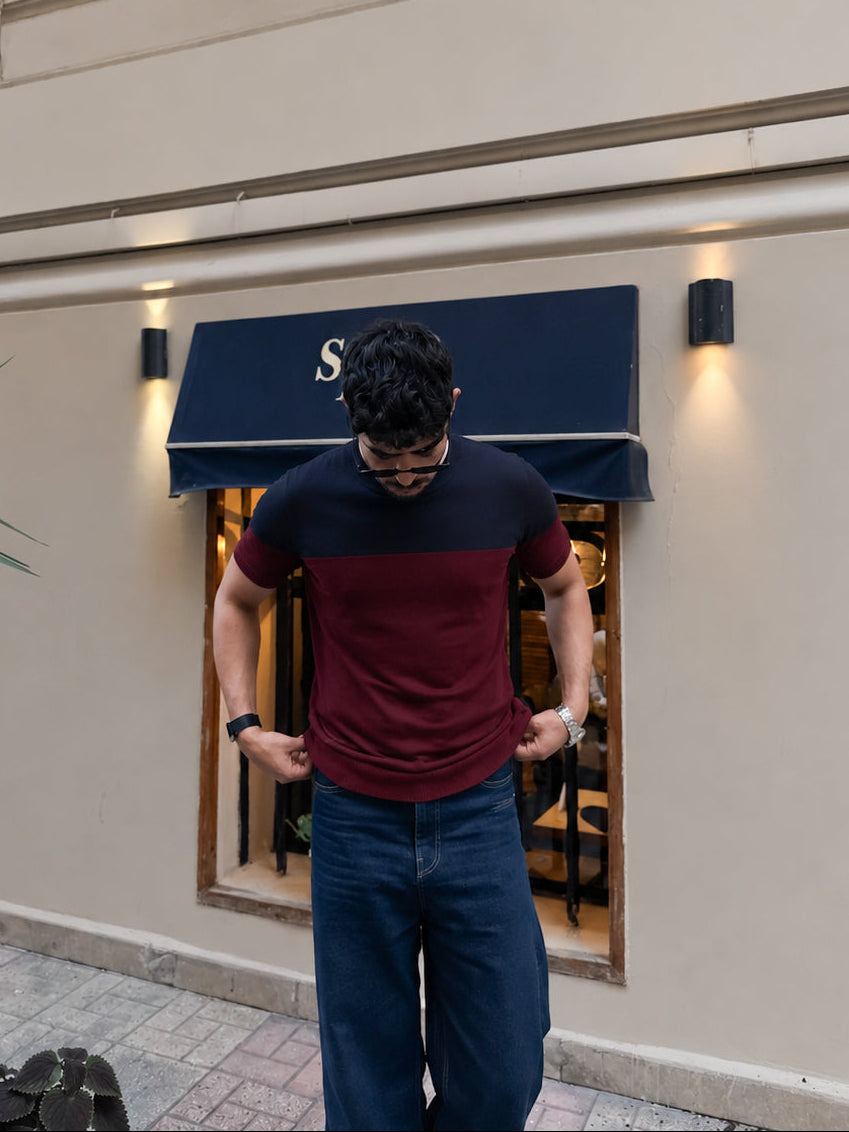 Retro Knit Tee - Navy & Wine Red
