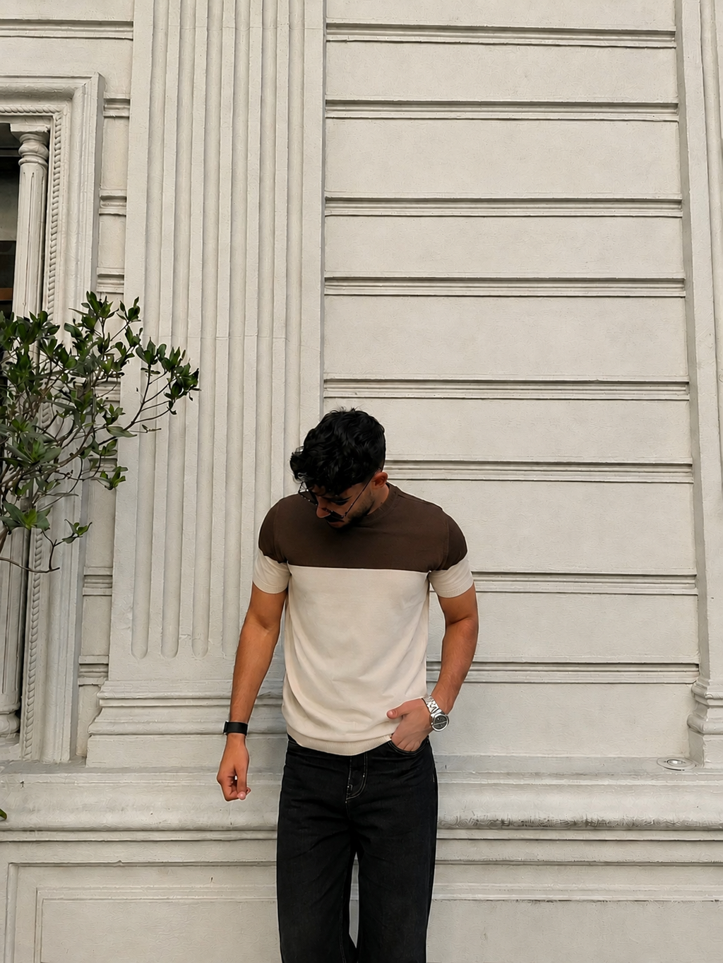 Retro Knit Tee - Walnut & Cream